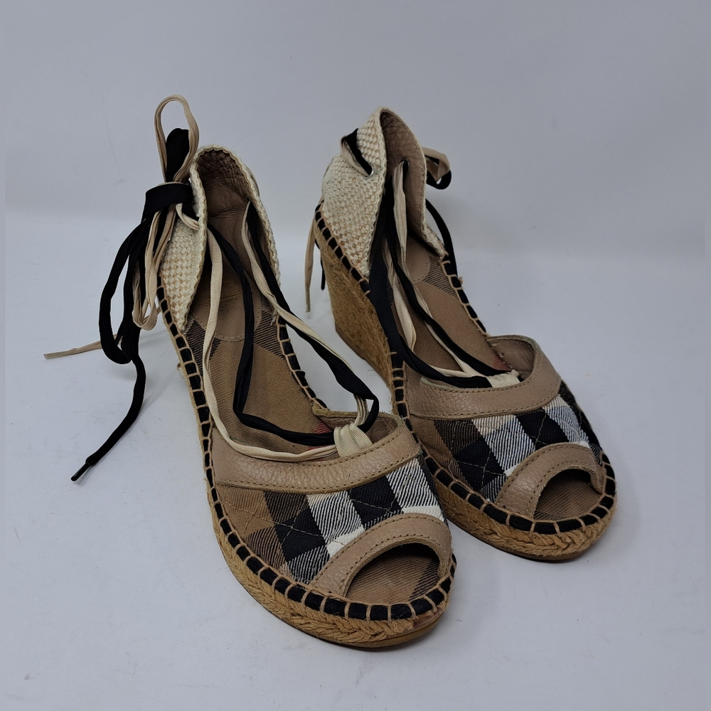 Burberry Espadrilles Wedge Ankle Wrap House Check Shoes Open Toe 37 EU / 7 US